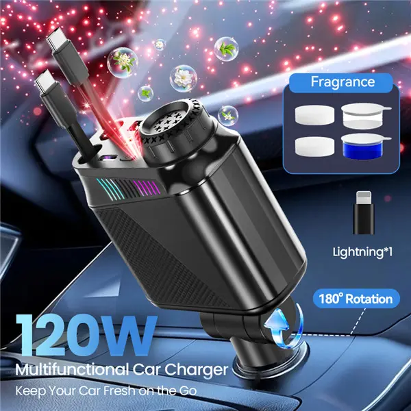 120W PD3.0 Fast Charge Car Charger - 4-in-1 Cars Accessories Hub with Aroma+Light, Retractable Cables, USB Ports, Air Freshener, Starry Night Projector for Road Trips Gifts for Dad