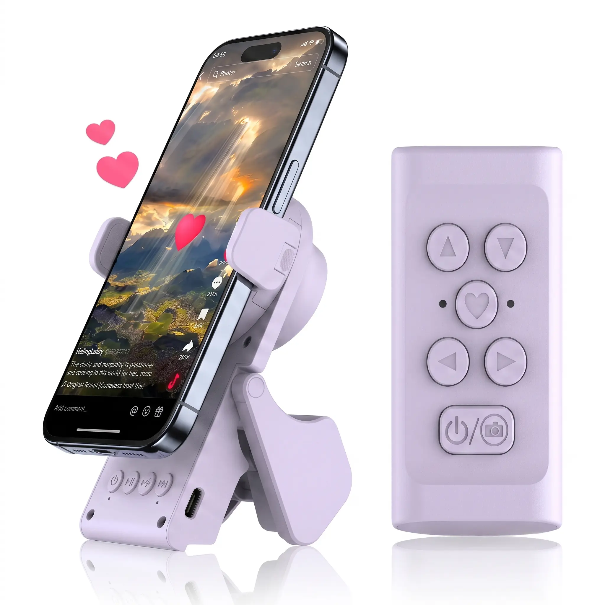 Foldable Phone Stand Bluetooth Remote with Built-in Bluetooth Speaker, E-Book Page Turner, Short Video Scrolling Remote & Camera Shutter for iOS & Android Devices