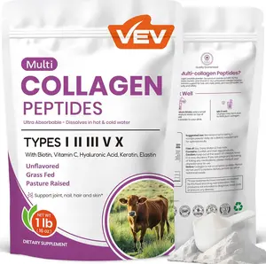 VEV Multi Collagen Peptides Powder, Supports Skin, 16 oz (41 Servings) – Type I, II, III, V, X, Hydrolyzed Collagen, Hyaluronic Acid Power, Biotin, Vitamin C, Unflavored, Dissolves Easily, 1 Pound