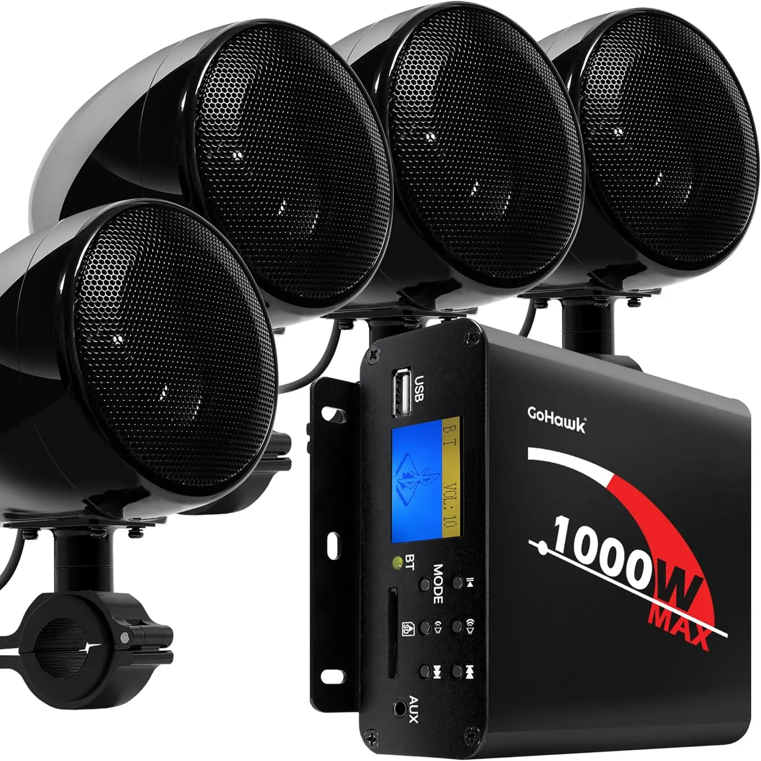 GoHawk 4-Inch Waterproof Motorcycle Bluetooth Wireless Speakers with 1000W Amplifier, Receiver, AUX, USB, Card, MP3, FM Radio, Plug-In for 12V ATVs & Motorcycles