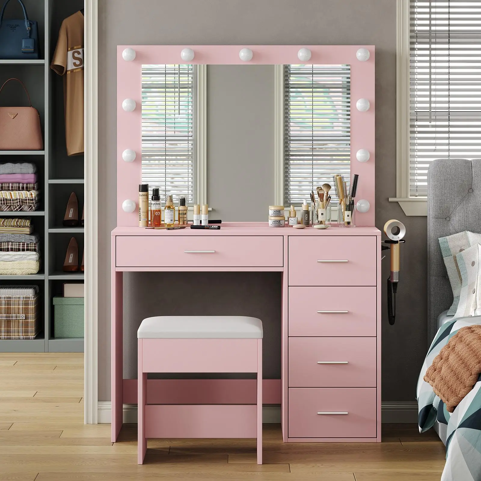 FUSOU 37"W 5 Drawers Vanity Desk with Power Outlet, Makeup Table with Lighted Mirror, 3 Color Lighting Modes,Vanity Table Dressing Table Set tabitha modern power outlet,dorm essentials,home decor