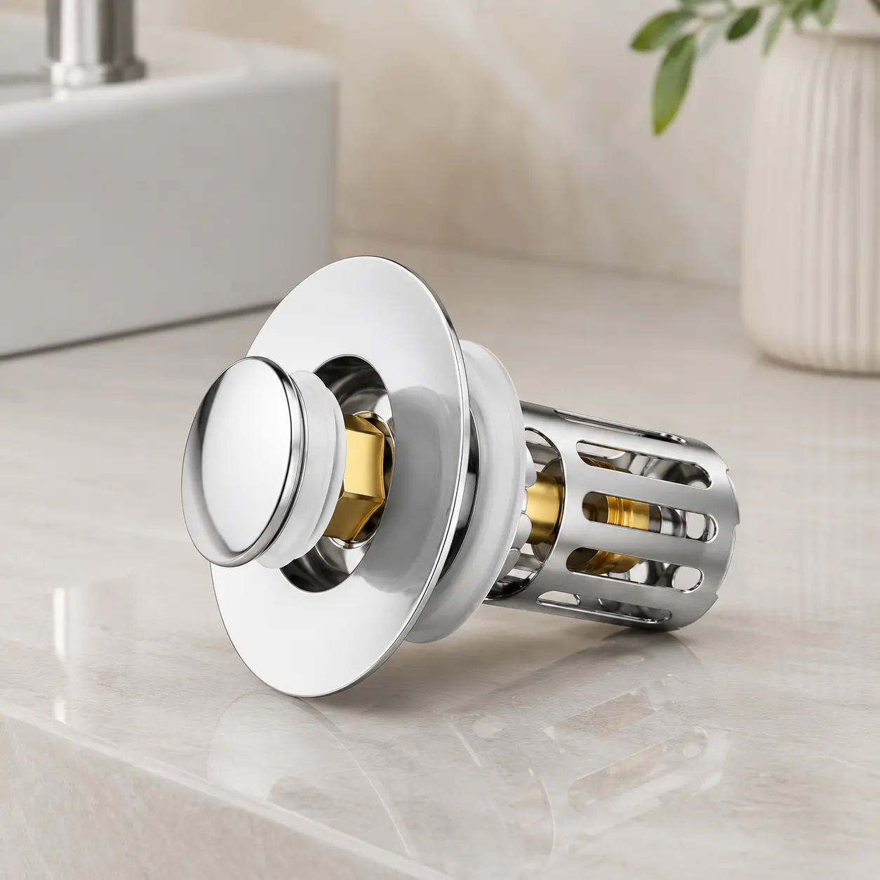 2-in-1 Durable Stainless Steel Pop-Up Sink Stopper - Bathroom Fixture Accessory with Removable Scrap Control Filter, Anti-Clogging, Hassle-Free Cleaning, Recyclable, Deodorizing, Water-Management, Rustic Look, Fits Most Daily-Use Sinks