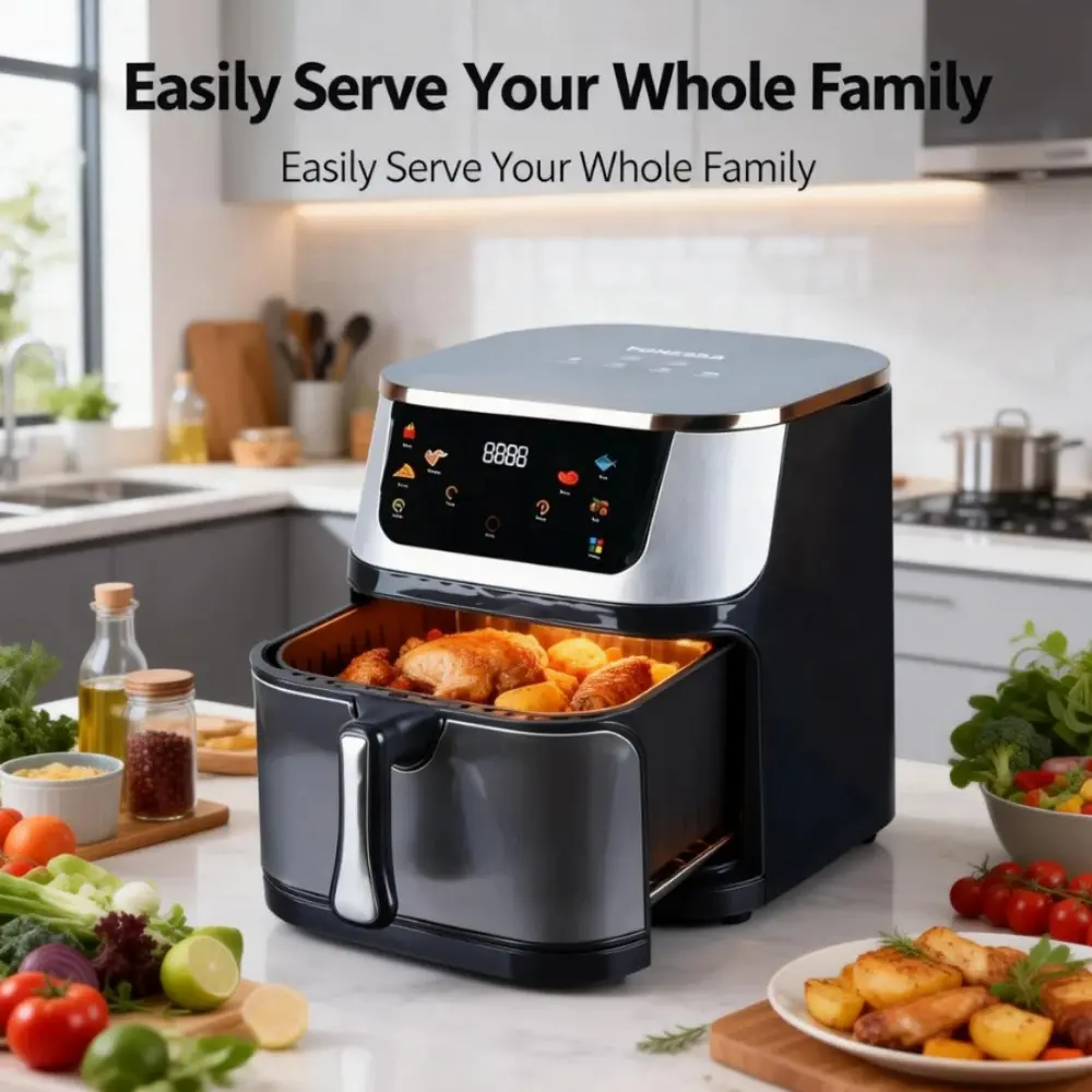 HOMEDAS 8.45QT Smart Kitchen Air Fryer Oven Combo, 7-in-1 1400W Multifunctional Countertop Cooker with 6 1-Touch Presets, 220V Plug Portable Easy-to-Use Appliance with Nonstick Dishwasher-Safe Basket, 11.4x11.3x11.8 Inches, for Chicken, Fries