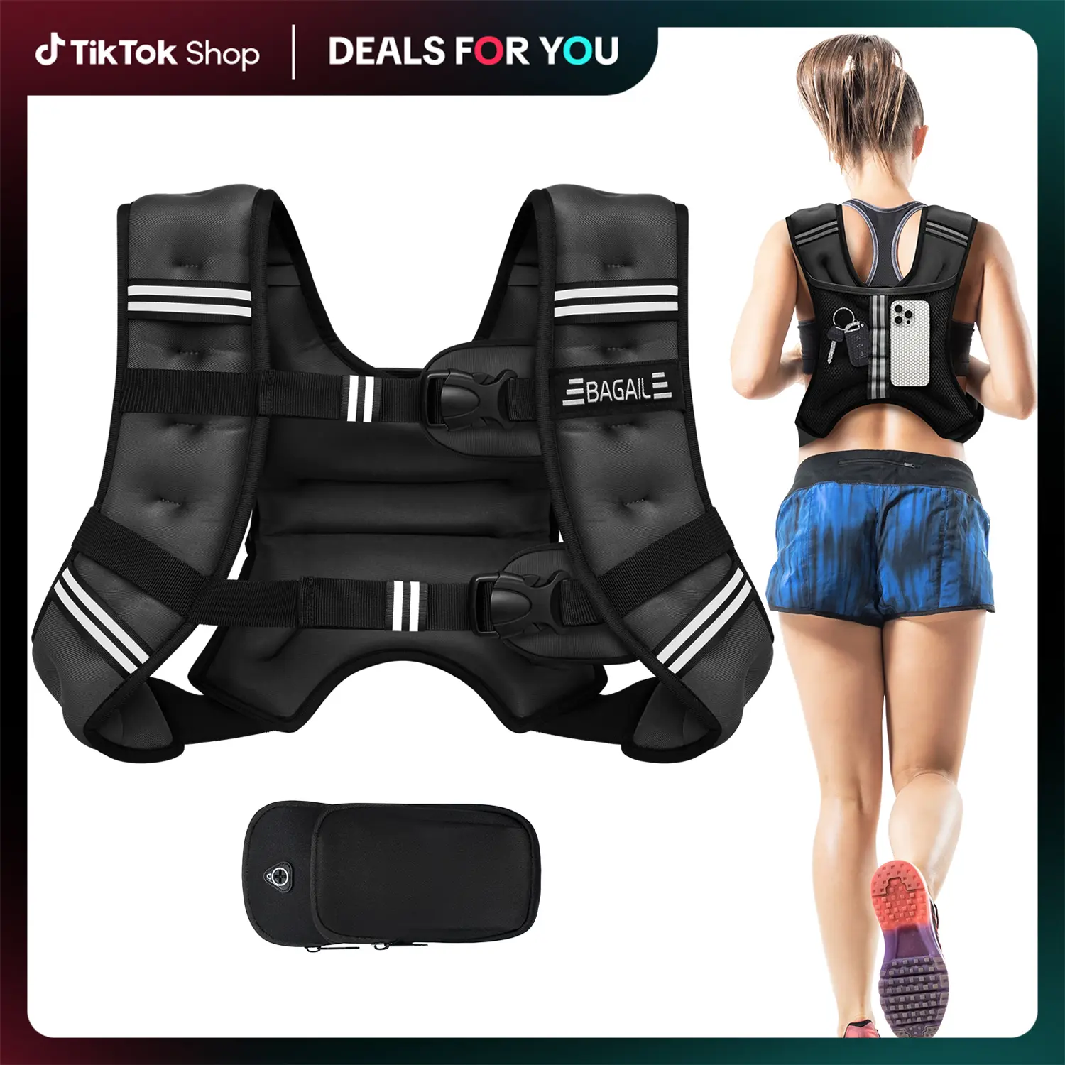 【BackToSchool】BAGAIL Weighted Vest, 5lbs/8lbs/10lbs/12lbs/15lbs/20lbs/25lbs/30lbs Weight Vest with Detachable Phone Pouch, Rucking Vest for Women, Men, Walking, Training, Running Summervibes tiktokshopbacktoschool