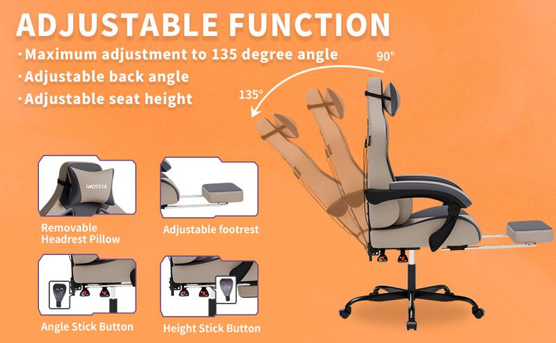 WOTSTA office gaming chair, equipped with comfortable memory foam lumbar support and headrest, office chair backrest can be adjusted to a tilt angle of 90°-135°,Mesh Swivel Rolling Task Chair Furniture Ergonomic