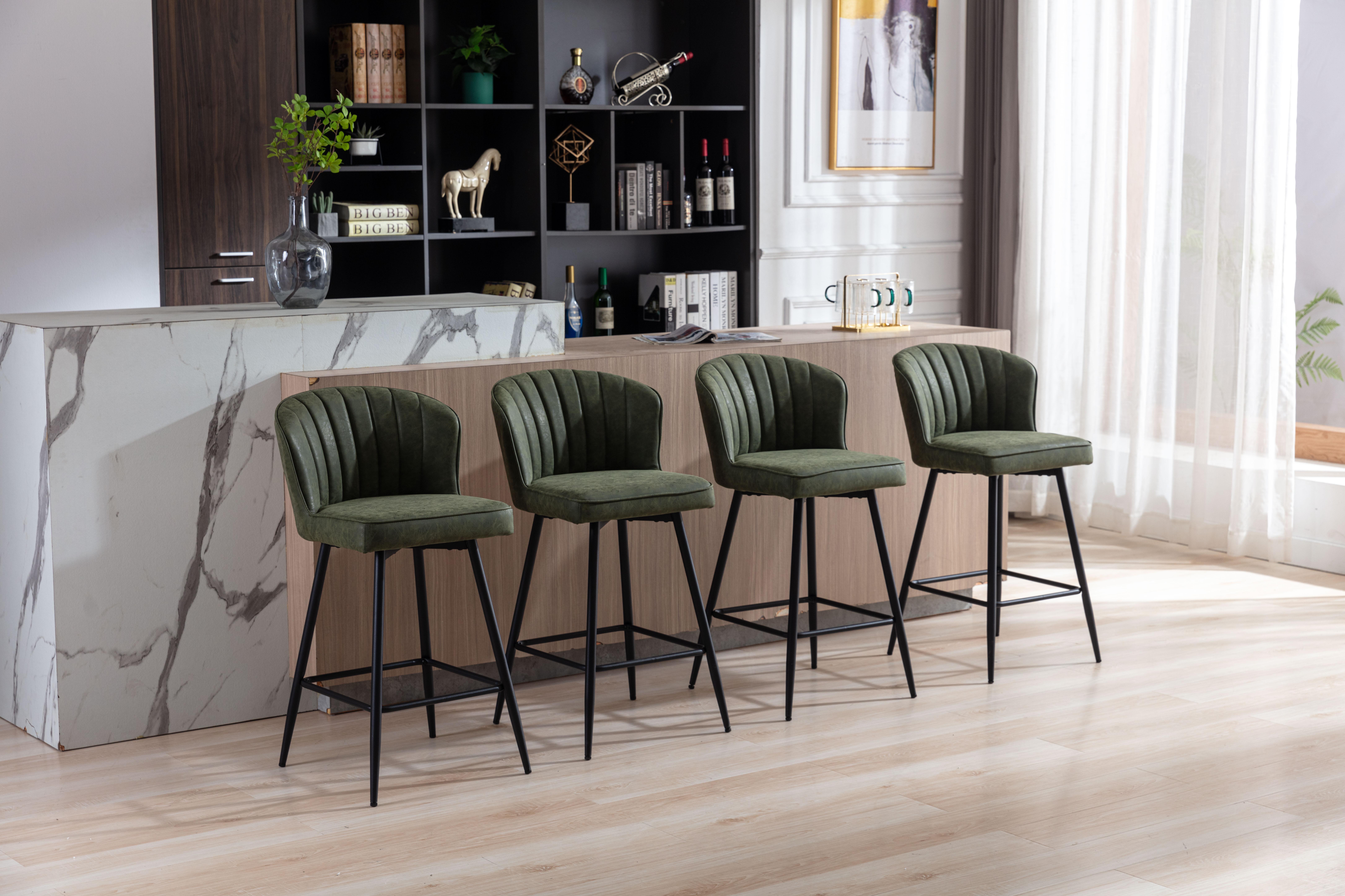 DAYALANE 25.5 Inch Modern Green Counter Stool (Set of 2) Armless Bar Chairs with Metal Legs Mid Century Upholstered Kitchen Island Chairs Fixed Back PU Faux Leather Ergonomic Design Stable Base