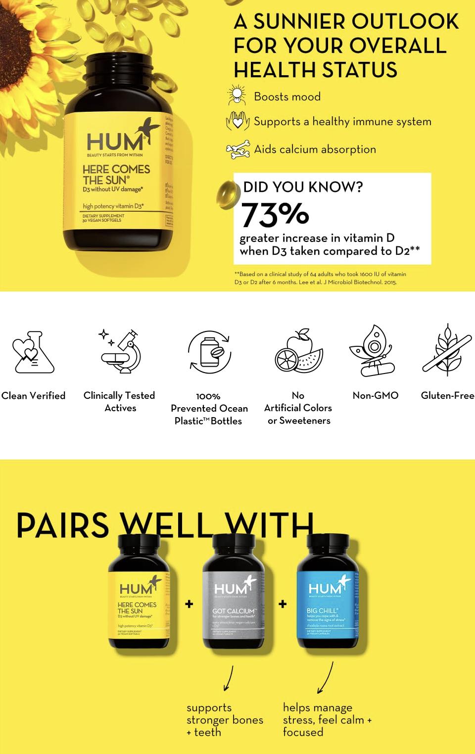 HUM Here Comes The Sun - Immune Support Supplement with Vitamin D to Support a Healthy Immune System & Calcium Absorption, Vegan Vitamin D3 to Support Radiant Skin, Mood + Bone Health (30 Softgels)