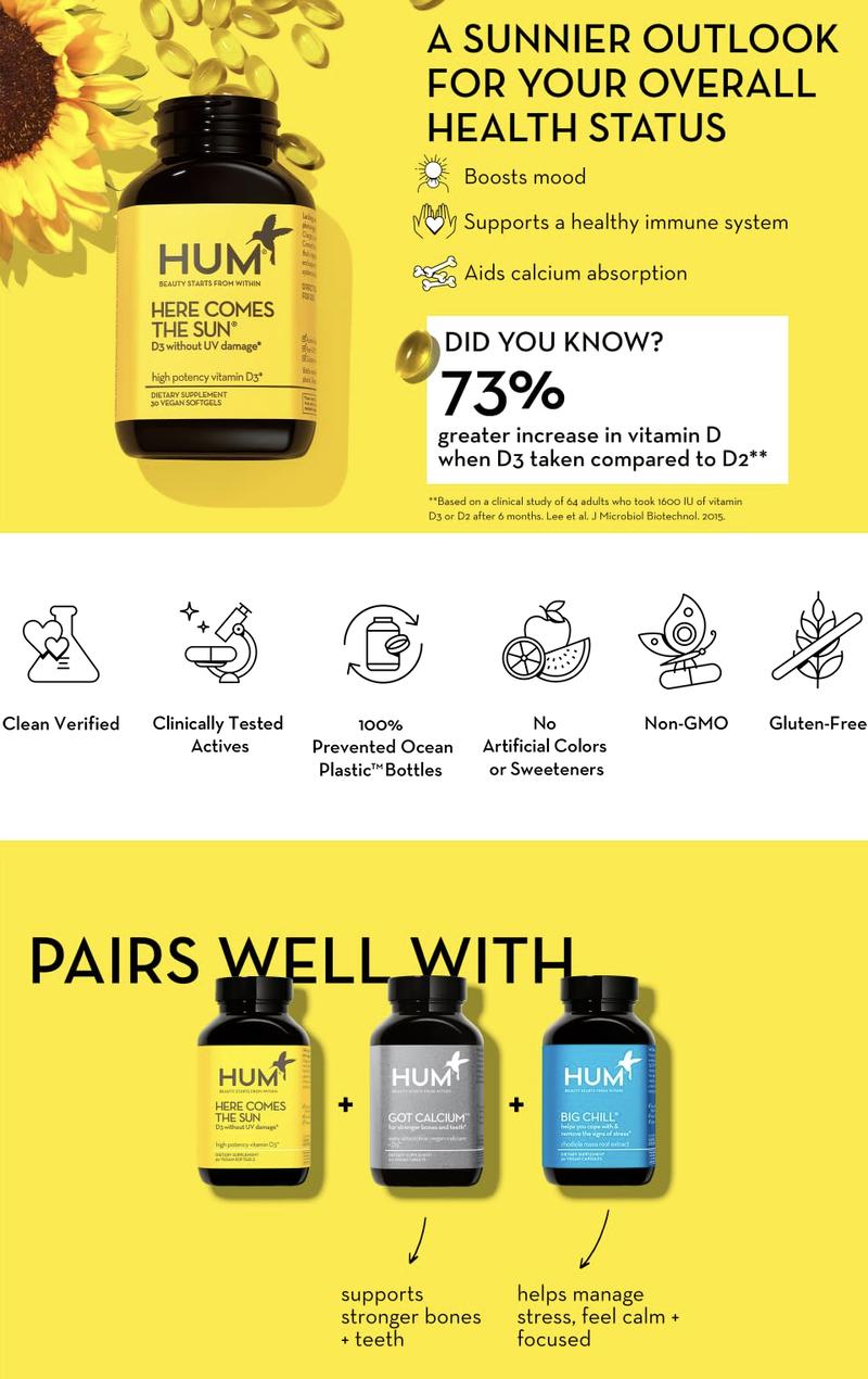 HUM Here Comes The Sun - Immune Support Supplement with Vitamin D to Support a Healthy Immune System & Calcium Absorption, Vegan Vitamin D3 to Support Radiant Skin, Mood + Bone Health (30 Softgels)