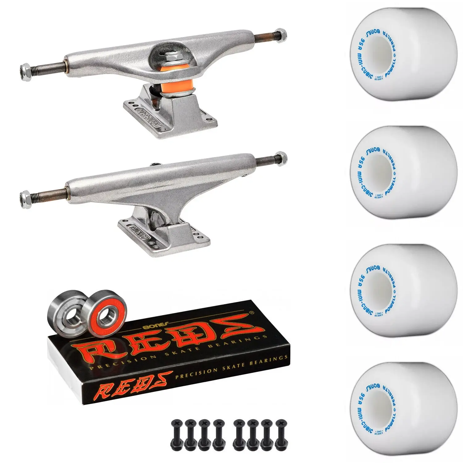 Independent Skateboard Package - 149 (8.5") Trucks, Powell Peralta Mini-Cubic White Wheels, Bones Reds