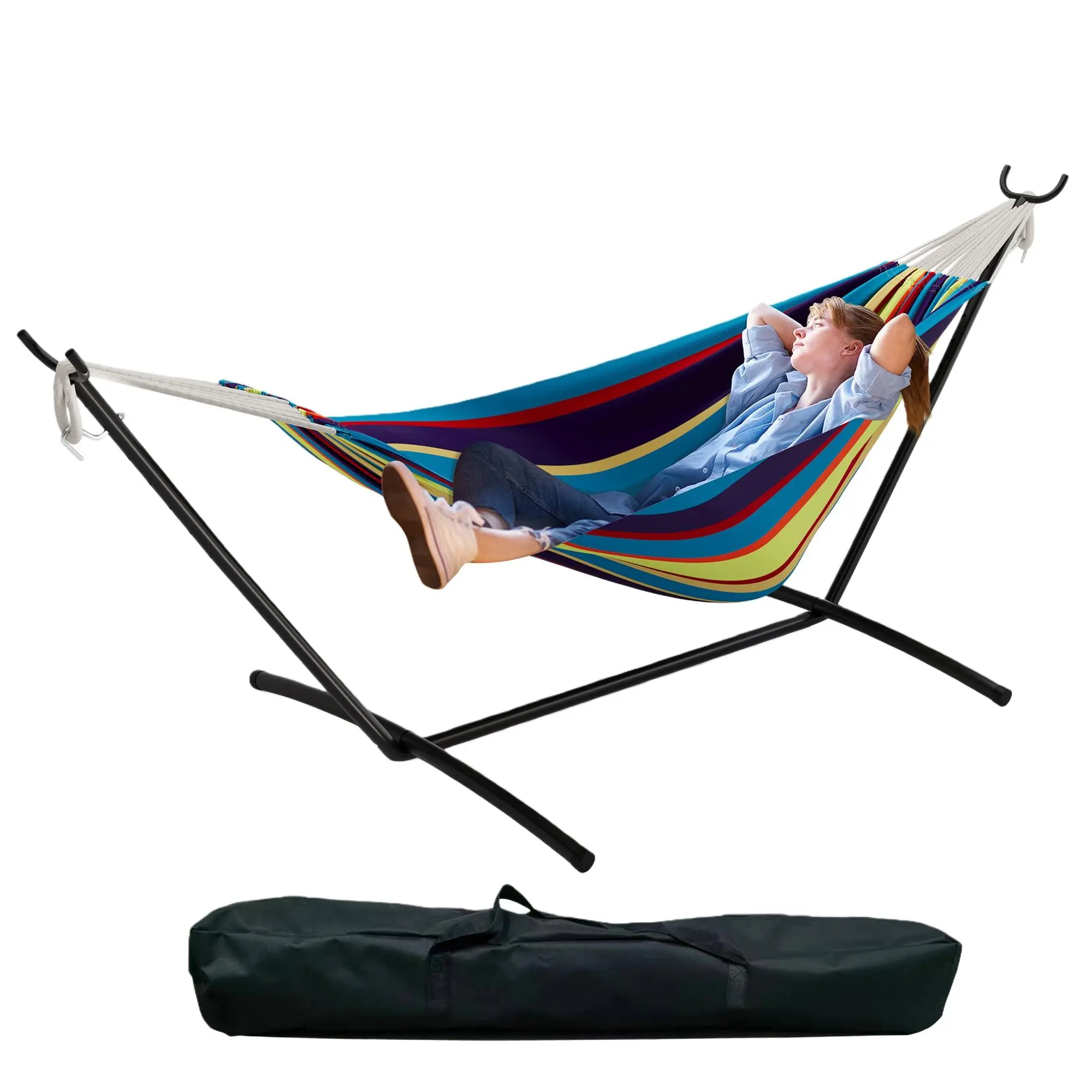 Double Hammock with Stand - Heavy Duty 450lbs Capacity, Portable Cotton Hammock for 2 Adults, Indoor & Outdoor Use with Travel Bag, Quick Assembly, Tropical Stripe Pattern