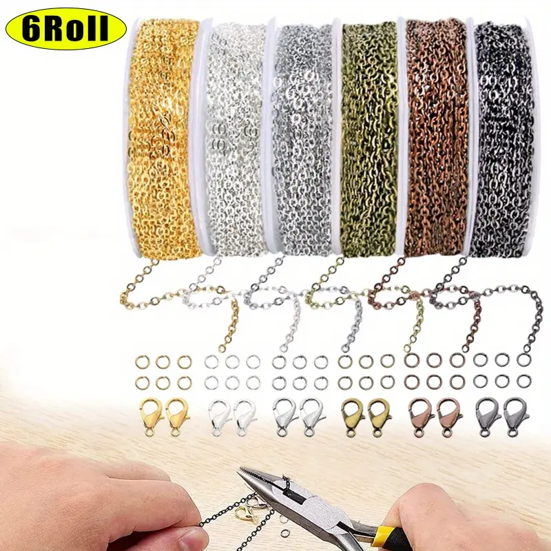 Chains Jewelry Making Supplies,60ft Cable Link Chains for Making Jewelry Necklace Earring Bracelet Findings DIY Craft Kit for Adults,6-Color 2mm Gold Silver Copper Plated Metal Link Rolls Bulk