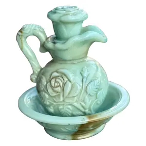 Vintage AVON Jadeite Green Floral Pitcher Decanter with Stopper & Bowl | Milk Glass Vanity Set
