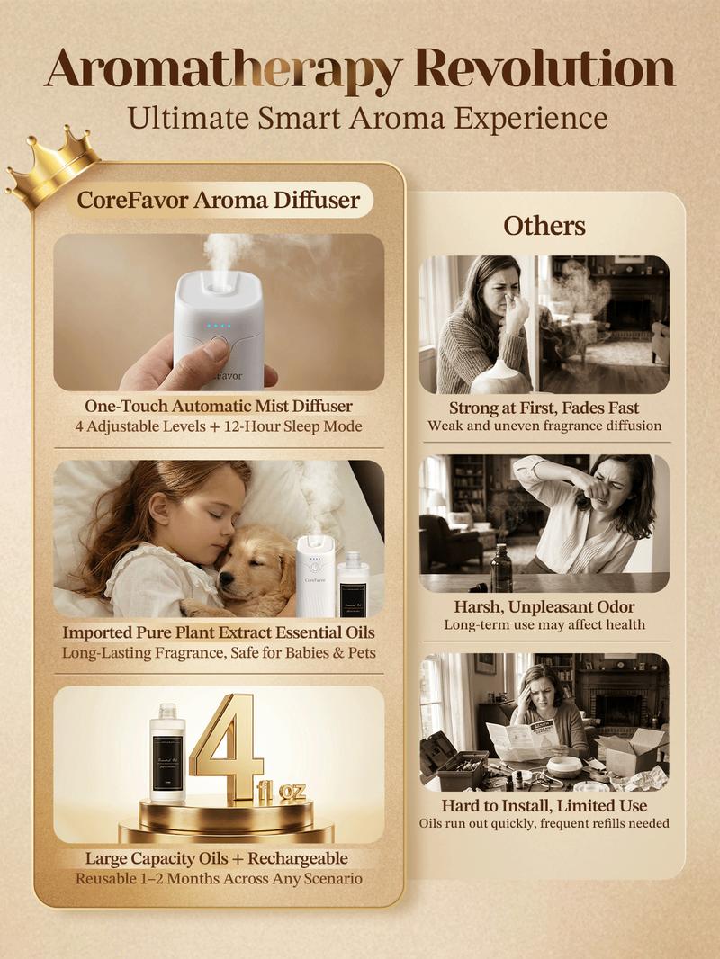 CoreFavor Waterless Essential Oil Diffuser, 4.06fl oz(120ml) Portable Battery Operated Cold Air Aroma Scent Machine, 4 Adjustable Intensity Levels, Quiet Diffuser for Bedroom, Office, Bathroom, Car
