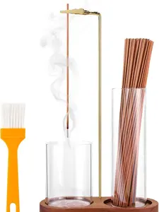 2 in 1 Incense Holder for Sticks with Glass Ash Catcher, Upside Down Anti-Ash Incense Stick Burner, Modern Vertical Incense Holder for Yoga, Spa, Meditation and Home Decor Reddish Brown