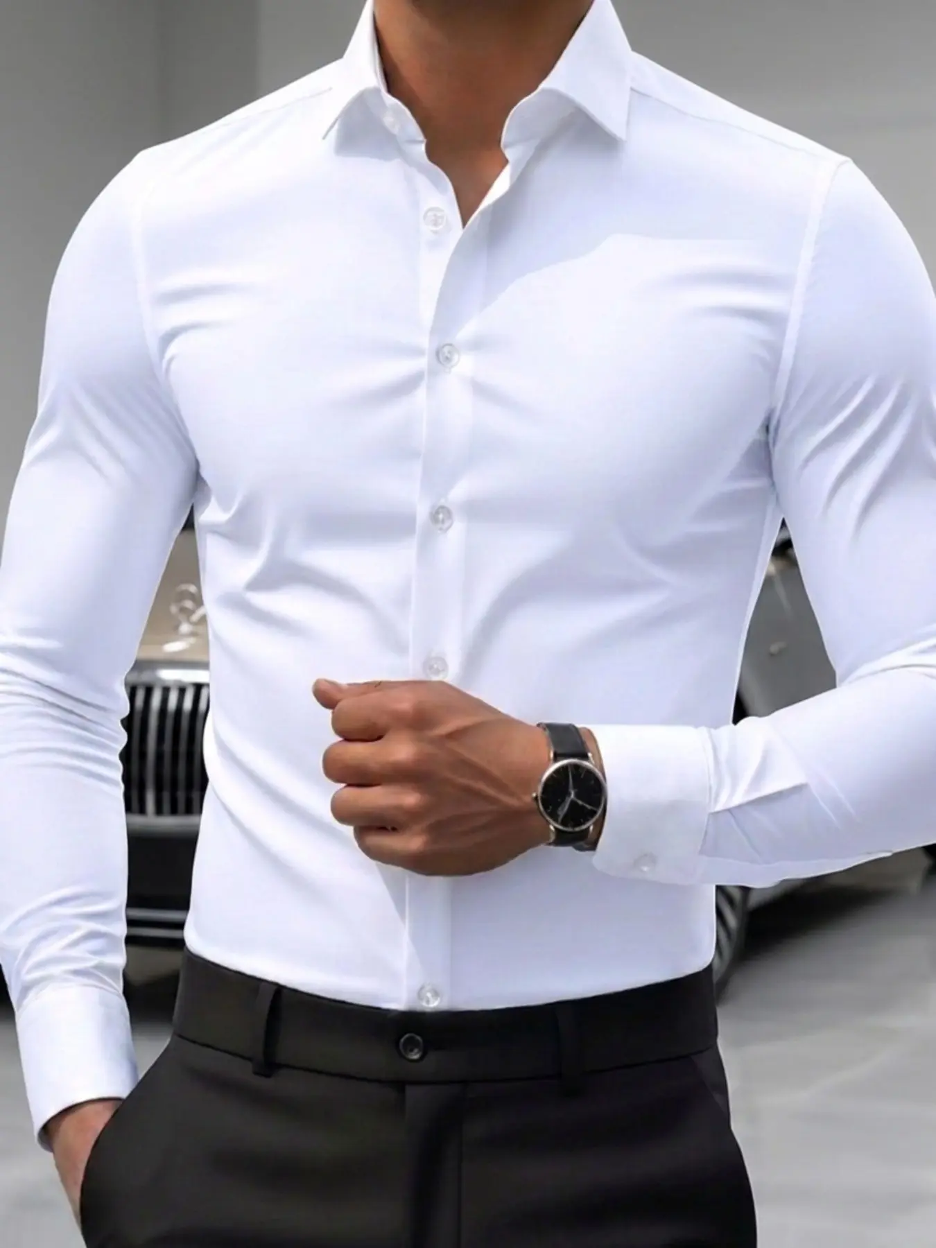 Men's Plain Formal Long Sleeve Shirt, Fitted Top Without Zipper, Casual All-Season Clothing, Full Placket Design, Ideal for Everyday Wear, Business Casual Wear
