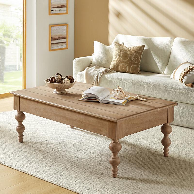 Hulala Cynthia Lift Top 4 Legs Coffee Table with Storage, traditional and farmhouse, traditional, rustic and distressed finish, elegant spindle legs, pop-up mechanism, Solid Rubber Wood Legs, ample storage space, Coastal, French Country and Lodge Style