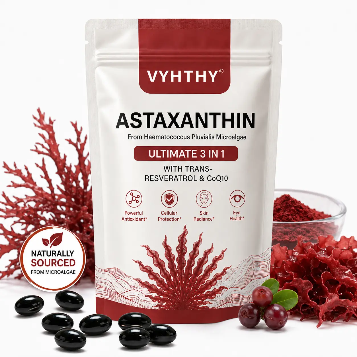 VYHTHY Organic Advanced Dietary Supplement - 12mg Astaxanthin 3-in-1 Antioxidant Capsules, 100mg Trans-Resveratrol, 50mg CoQ10, 240 Bioavailable Softgels with Coconut MCT Oil, Piperine for Cellular, Skin, Eye Support