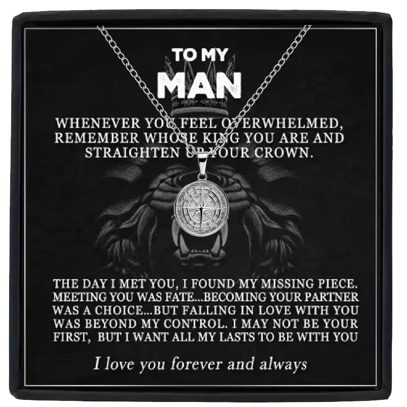 Stainless Steel Engraved Custom Script Compass Pendant Necklace - Unisex Long Casual Personalized Jewelry, Meaningful Gifts for Him with Card and Gift Box, Engraved Necklace, Custom Script Necklace