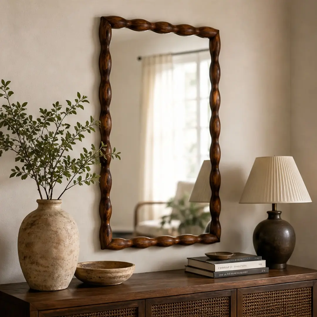 ARCH 36.02" Mid-Century Modern Swirl Wood Frame Mirror Wall Mounted Full Length Mirror Solid Wood & MDF Brown Walnut Decorative Mirror for Bedroom Living Room Entryway Retro Dressing Mirror, Walnut Color Options, Mirror Material, Retro Style