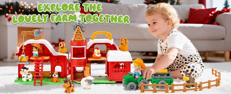 Farm Animal Big Barn Playset, Montessori Learning Toys, Pretend Interactive Animal with Tractor