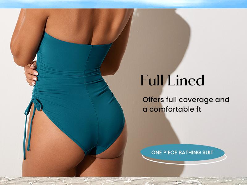 DOBREVA Women's One Piece Swimsuit Strapless Bandeau Bathing Suits Tummy Control Ruched Lined Slimming Halter Swimwear