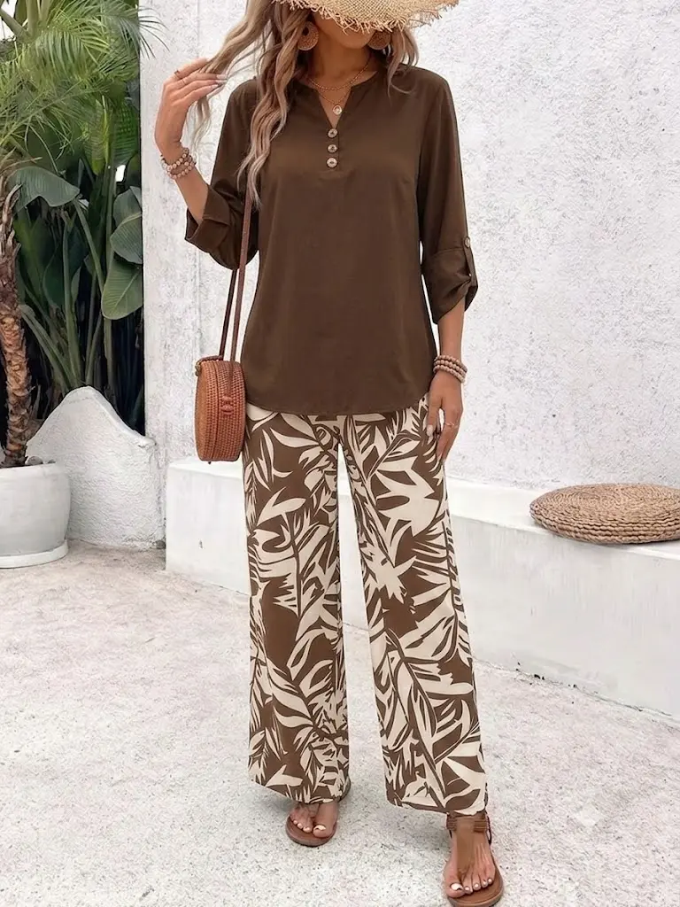 Women's Relaxed-Style 2-Piece Commuter Clothing Set - Half-Button Long-Sleeve Top, Retro Floral Wide-Leg Pants for Outings