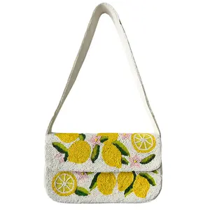 Lemon Beaded Shoulder Bag-Handmade Summer Cocktail Party Purse