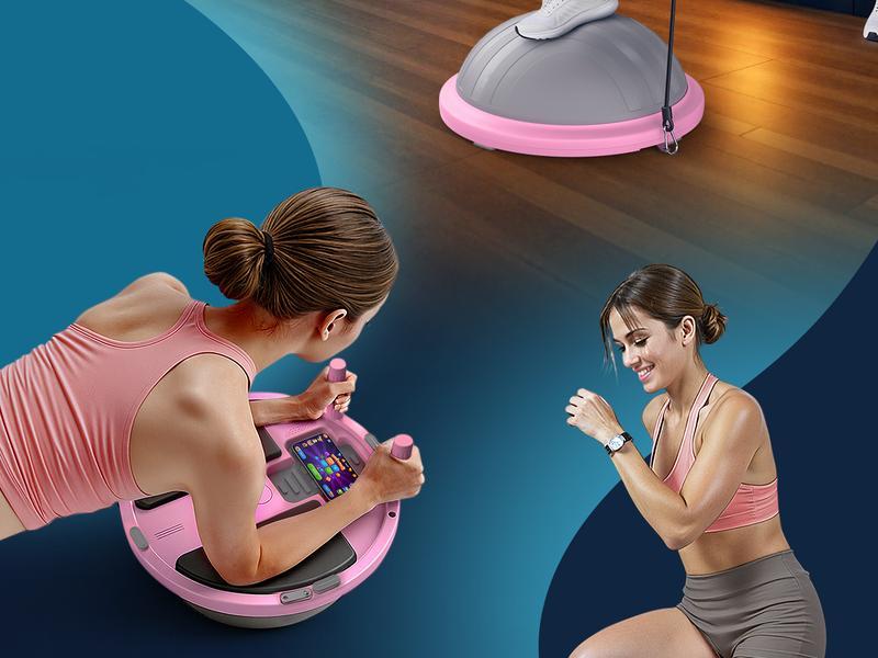 【Terra Gym】 Half Exercise Balls Trainer Balance Ball Trainer 2-in-1 Yoga Ball with Resistance Bands & Game Mode Core Stability & Full-Body Home Fitness Workout Equipment