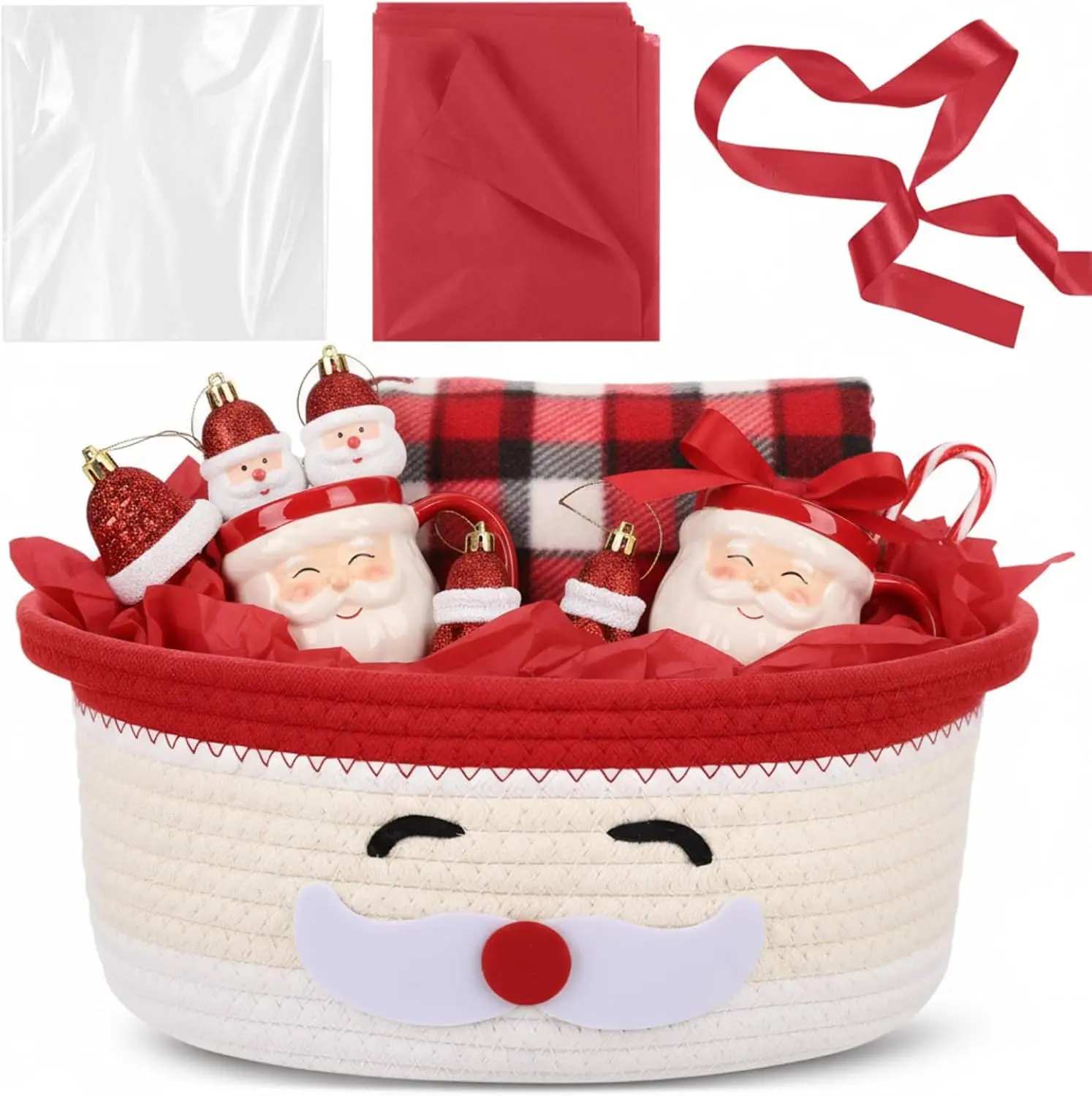 Christmas Woven Basket with Gift Bag, Ribbon and Red Tissue Paper Santa Emoticon Woven Storage Bin Empty Basket Holiday Decorative for Xmas Gifts, 12 x 8 x 5 inch