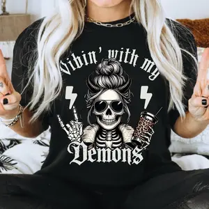 With My Demons Spiky Skeleton Shirt, Black Humor, Sarcastic Proverbs, Gothic, Demon, T-shirt