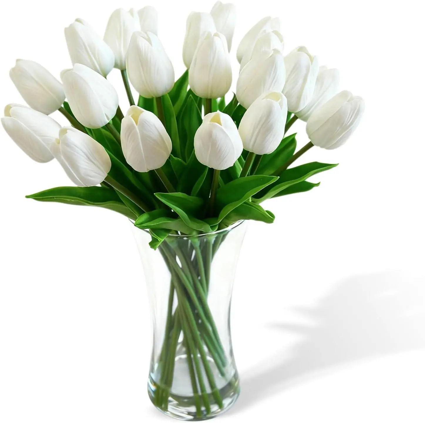 20-Piece Real Touch Artificial Tulips in Glass Vase with Faux Water - Lifelike Silk Flower Arrangement for Home, Office, Table Decor (White)