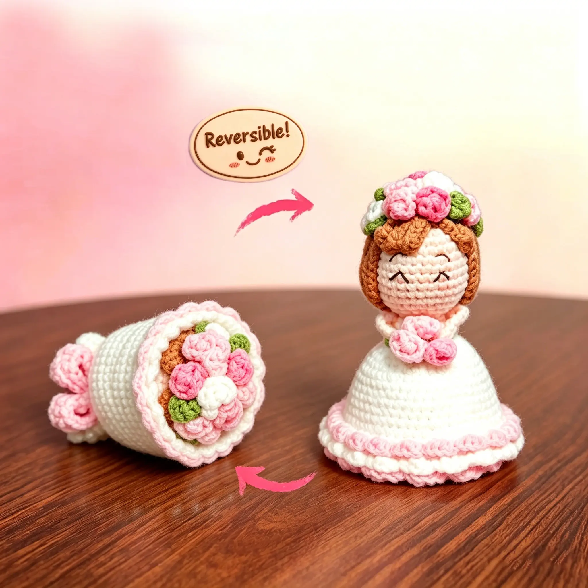 2-in-1 Reversible Yarn Crochet Bouquet - Soft Romantic Artificial Flowers, Bride Doll Amigurumi Plush, Handmade Wedding & Anniversary Gift Surprise