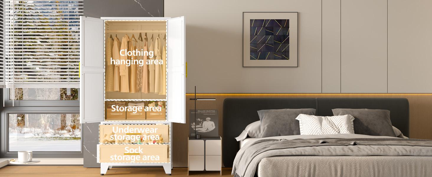 Metal Wardrobe Closet 71" with 2 Doors & 2 Drawers, Armoire Wardrobe Closet with Hanging Rods and Adjustable Shelf, Steel Wardrobe Storage Cabinet for Bedroom, Large mothersdaygift