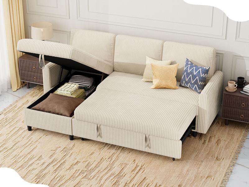 Walsunny Classic Convertible Sleeper Sofa, Pull Out Couch with Storage, 77" L-Shaped Sofa Bed with Storage Chaise Corduroy Fabric for Living Room, Apartment, Small Space