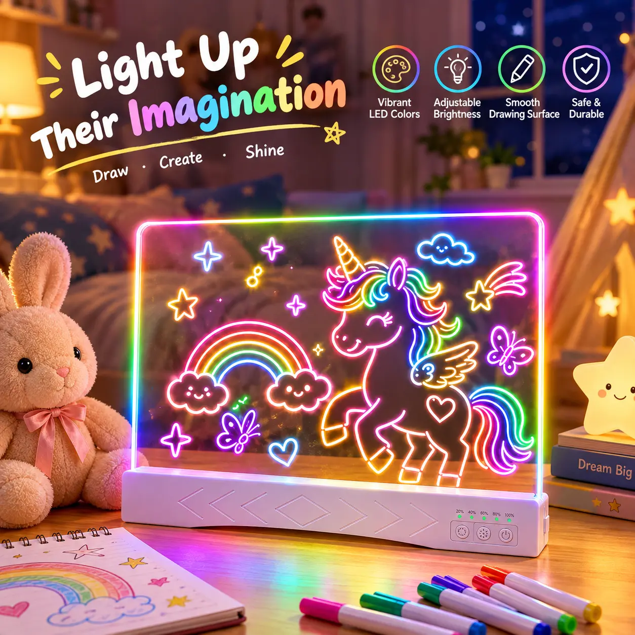 19 Inch LED Light Up Drawing Board for Kids - Rechargeable Acrylic Neon Glow Message & Doodle Pad with 13 Light Effects, Markers & Stand, Birthday Christmas HalloweenGift