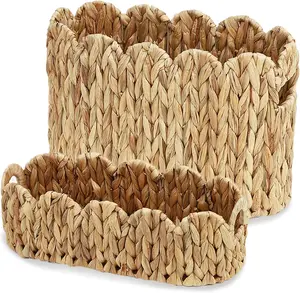 2-Pack Scalloped Wicker Basket for Bathroom, Hand-Woven Rattan Toilet Paper Storage Basket with Built-in Handles, Small Decorative Organizer for Countertop, Shelf