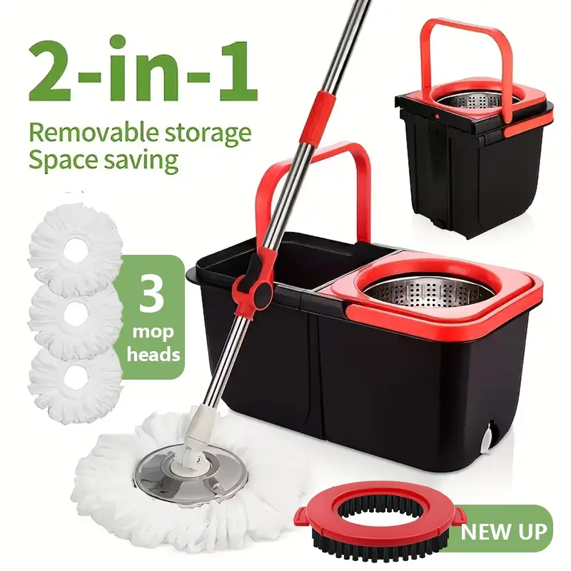 Microfiber Floor Mop and Bucket Set - 360° Swivel Head, 3 Microfiber Heads, 61/48-Inch Adjustable Long Handle Bucket System Mops, Efficient Home Care Cleaning Supplies