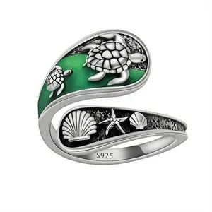 【HXS】925 Sterling Silver Sea Turtle Adjustable Ring with Green Enamel Beach Shell Starfish Ocean Jewelry Gift