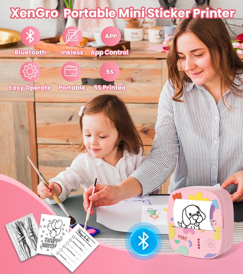 [CrazyThursdayLIVE] XenGro Mini Sticker Bluetooth Printer included 3 Roll label Thermal Pocket Printer,Inkless Portable Printer B&W Printing Only for Study Notes, Photos, Memos, Lists, Journals Printing Machine Sticky Label, Birthday Gifts for Girls Boys