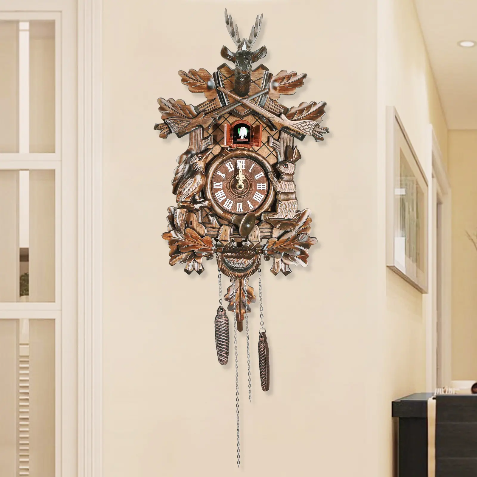 Traditional Black Forest Style Automatic Bird Sound Wooden Cuckoo Wall Clock - Analog, Creative Decorative Clock with Batteries, Old-World Ticking, 1x Instruction Manual, Vintage Rustic Home Decor for Living Room