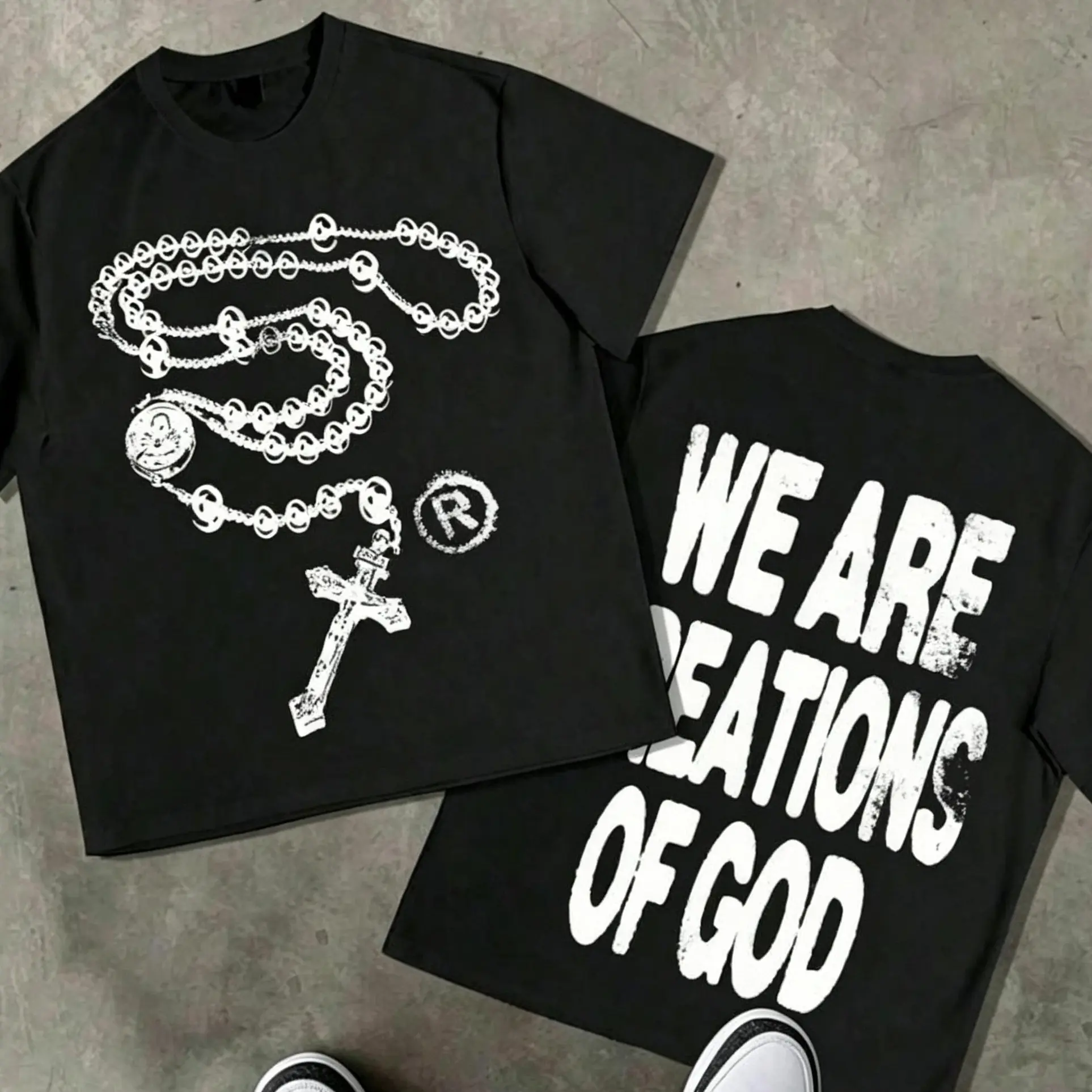 Big And Tall Men Plus Size MenY2K High - Street Religious - Themed Tee With 'We Are Creations Of God' Slogan (220g T-Shirt) Printed T-Shirts,