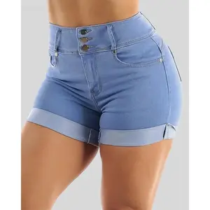 Women's casual elastic denim shorts, high-waisted with folded hem, tight-fitting stretch high-waisted buttock-lifting shorts for women, plus size available