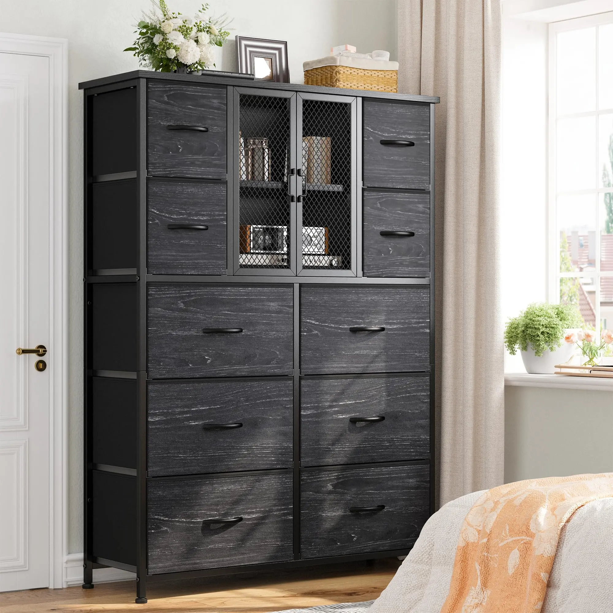 Raybee Bedroom Dresser Armoire Storage Cabinet - Modern Large-Size Drawers and Cabinets with 10 Fabric Drawers, Metal Frame, Wood Top, Bedroom Decor, Apartment Furniture, Organizer Storage for Home Organization Needs,dorm essentials,home decor