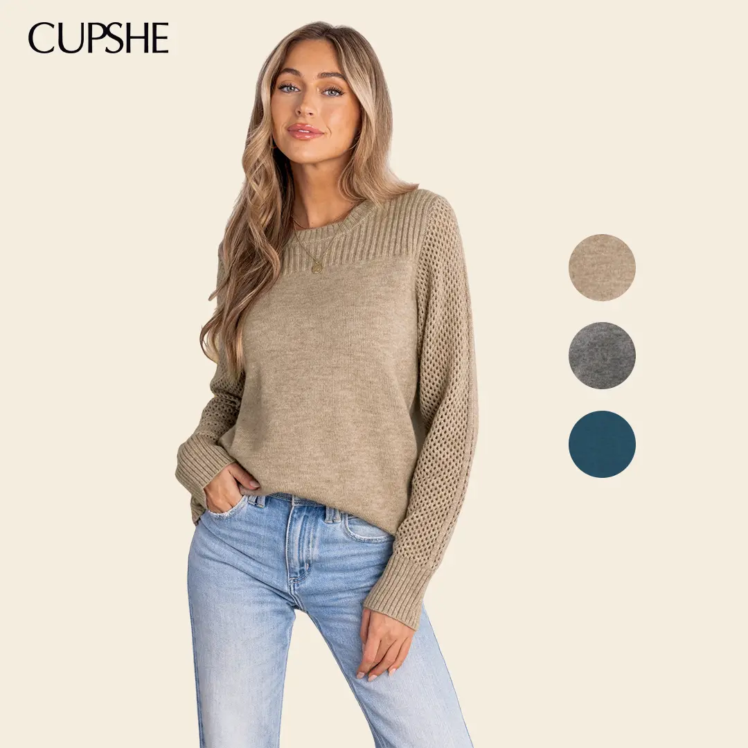 CUPSHE Women's Cardigan Crewneck Long Sleeve Knit Cardigan Sweater Womenswear Knitwear Tops for Fall Casual and Basic Knitted Shirt Knitting Khaki Fitted Cardigan for Women