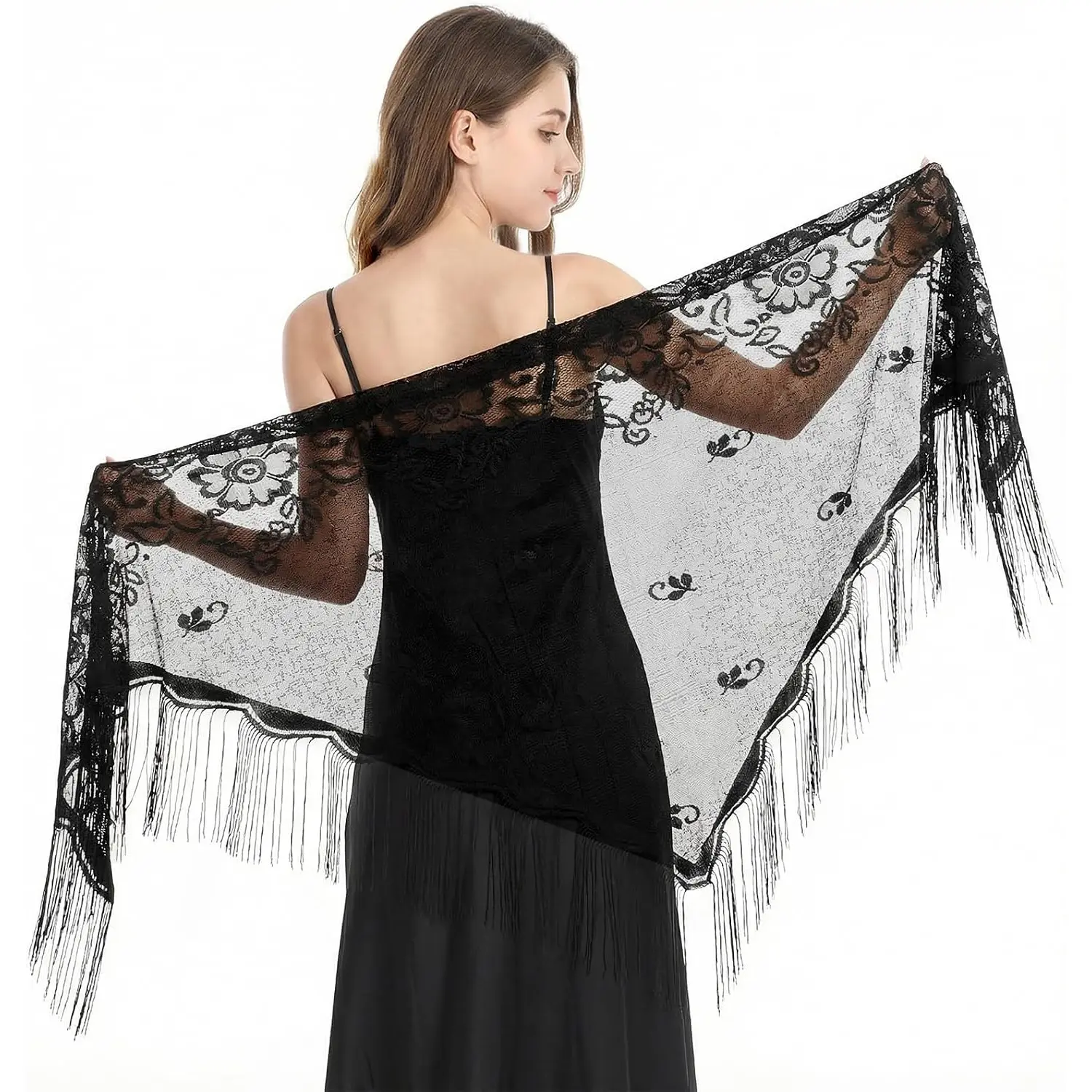 Women's Black Lace Polyester Shawl - Floral Wrap Scarf, Hand Washable, Ideal for Evenings (Modest Fashion Hijab/Pashmina Accessory)