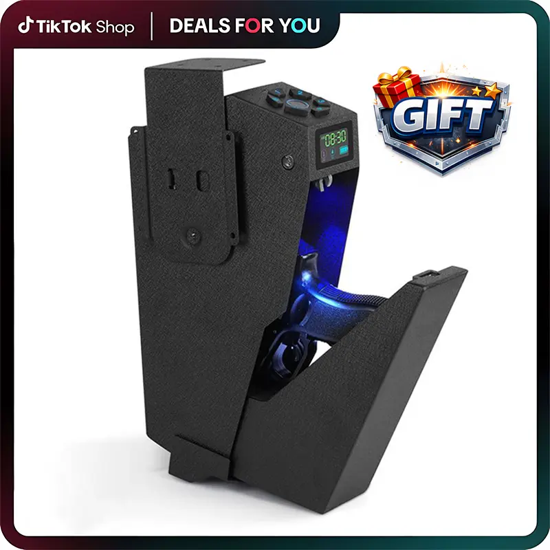 Mounted Gun Safe,California DOJ Certified Handgun Safe, Auto Open Lid Smart Pistol Safe with Biometric Fingerprint or Keypad Lock safe metal