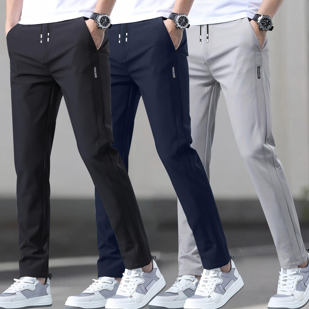 Men's 3-pack slim fit straight leg casual pants, polyester spandex blend, featuring an elastic waistband with drawstring, mid-rise, side pockets, suitable for outdoor activities and everyday wear SpringStatements
