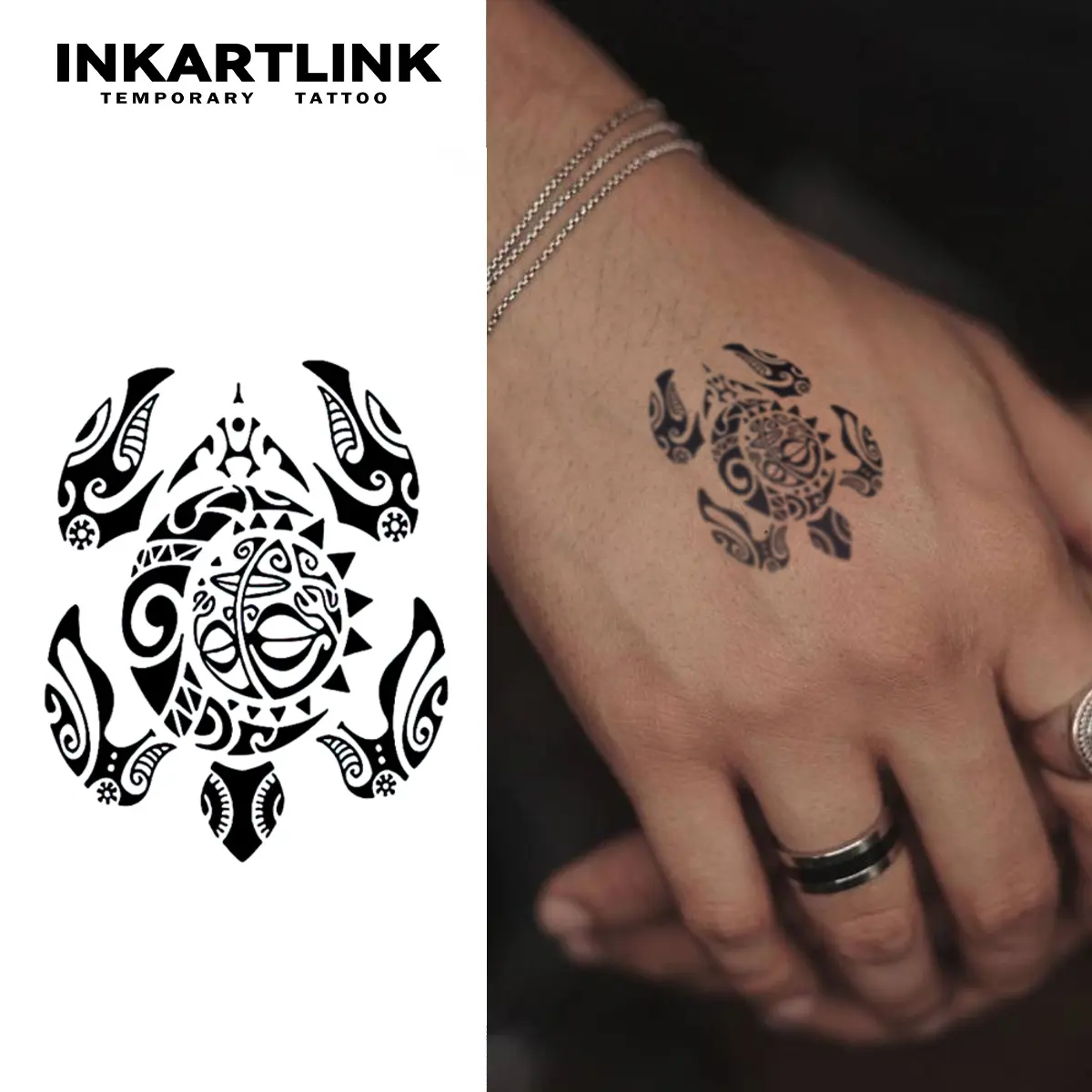 INKARTLINK 2-Sheet Maori Totem Sea Turtle Temporary Tattoos - Tribal-Style Waterproof Fake Stickers, Polynesian Ephemeral Body Art for Men, All Skin Types, Ephemeral Tattoos
