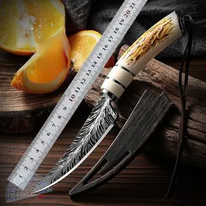 Hand-Forged Feather Pattern Kitchen Fruit Knife, Tiger Pattern Handle Sharp Utility Knife with Sheath, Premium Small Cutting Tool