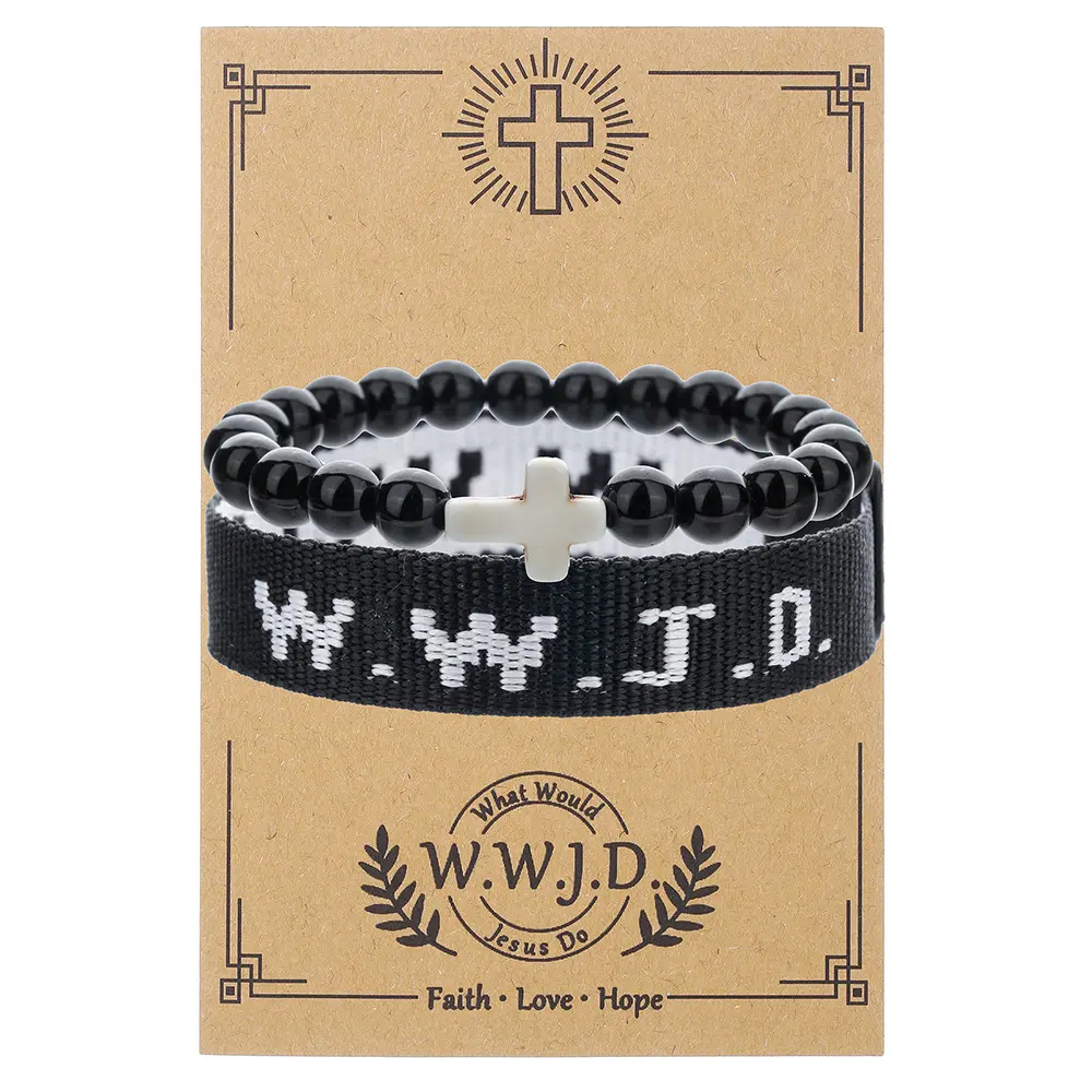 2-Piece Beaded Bracelets for Women with WWJD and Cross Charms, Natural Pine Stone & Alloy Faith Friendship Jewelry Set, 18Cm, Alloy Metal, Beading, Casual, Daily Wear